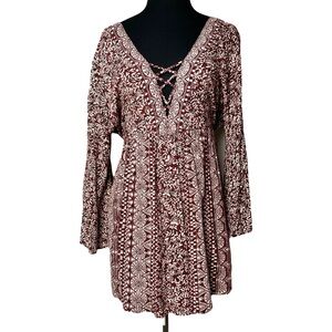 Angie | Red Boho Criss Cross Flare Sleeve Mini Dress, Large